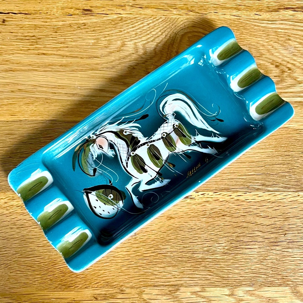 VTG Sascha Brastoff Ashtray Stallion Mid-century Signed Teal MCM Horse 50s 60s